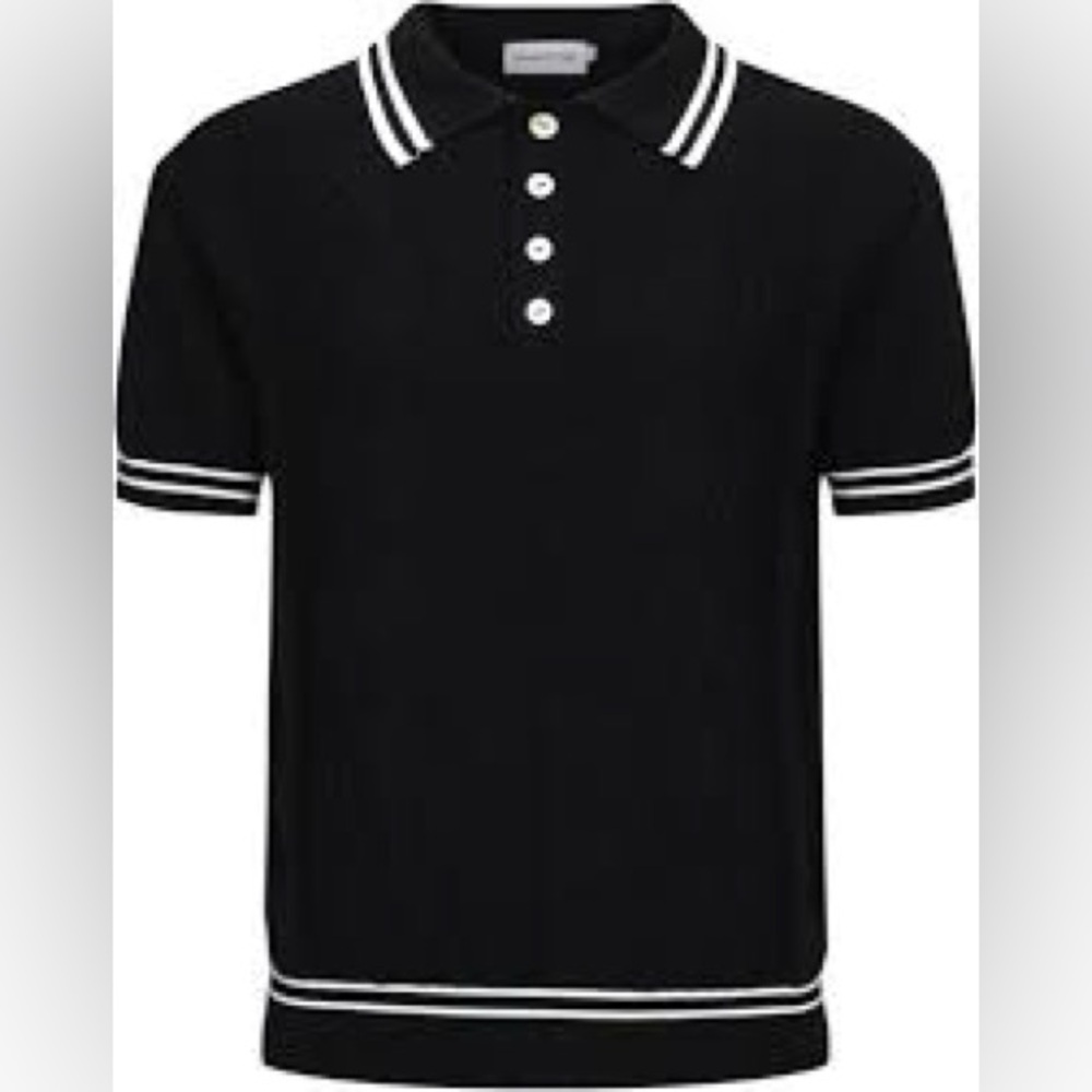 🆕Oxknit Store Men’s Size S Black with White Stripes Retro Knit Polo Shirt